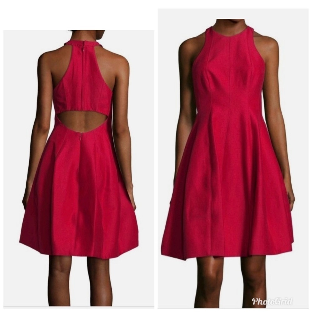 Halston Heritage Red Fit & Flare Halter Dress Open Back Silk Cotton Sz 2 formal